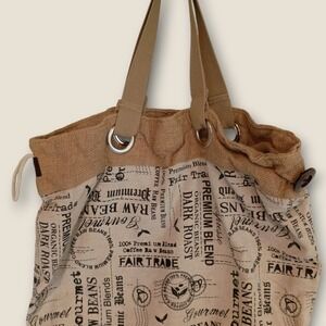 Coffee Bean Print Tote Bag Jute Burlap Shoulder Bag‎ Fair Trade